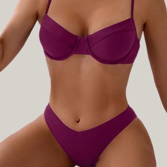 NWT Wine Spaghetti Strap High Cut Push Up Underwire Bikini- XL - Picture 3 of 5